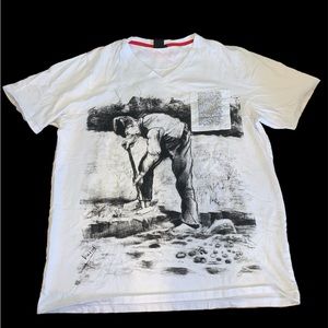 Vintage Van Gogh Museum Farming Peasant Digging Art Shirt XL White